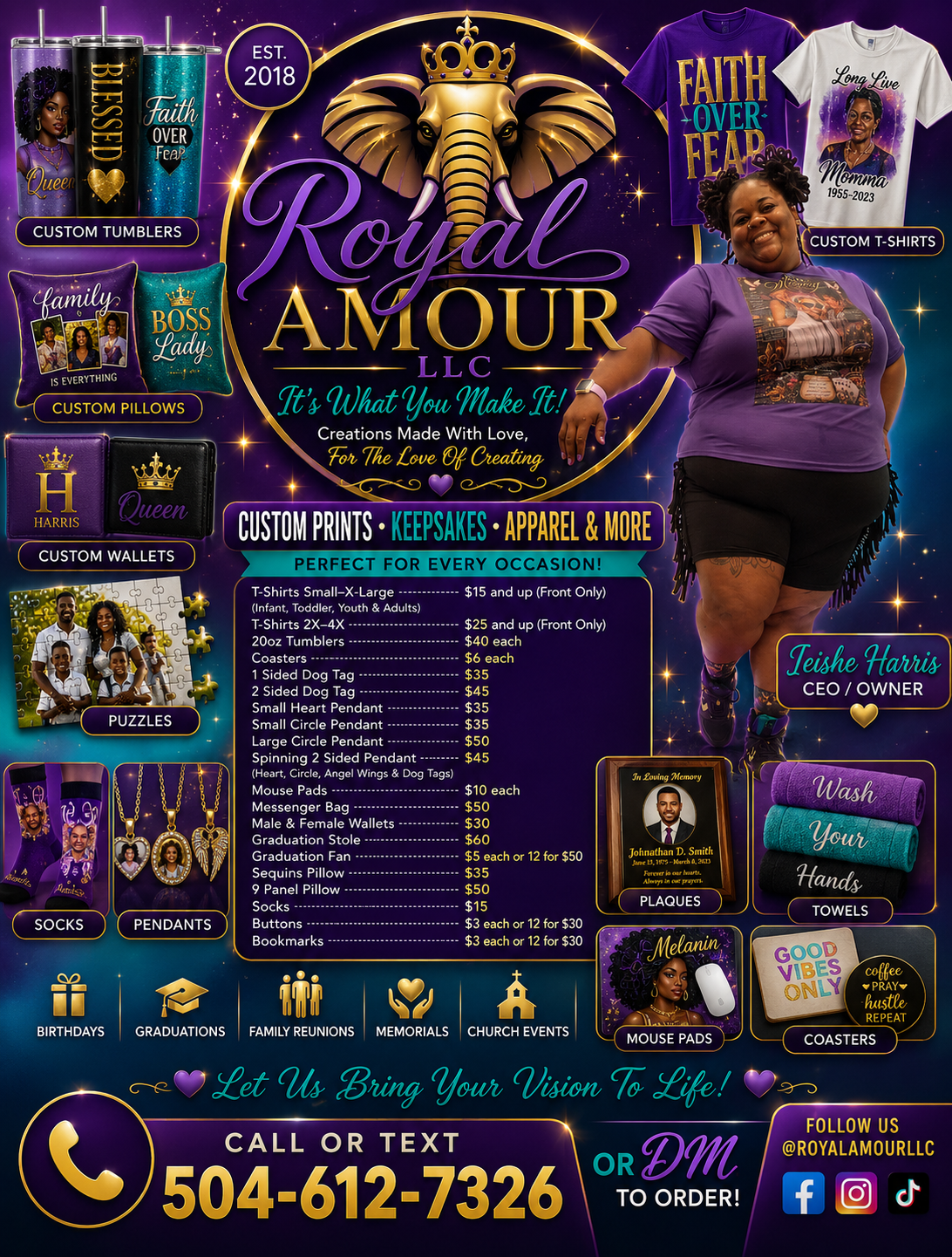 Royal Amour LLC custom print flyer design with purple, teal, gold, elephants, products, and contact details